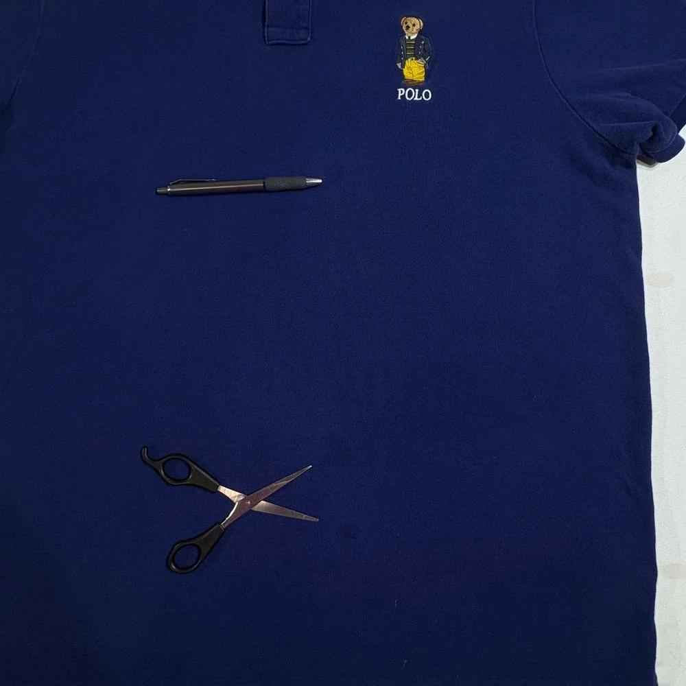 Polo Ralph Lauren Polo Shirt Mens XXL Navy Blue Bear Custom Slim Fit Preppy Logo